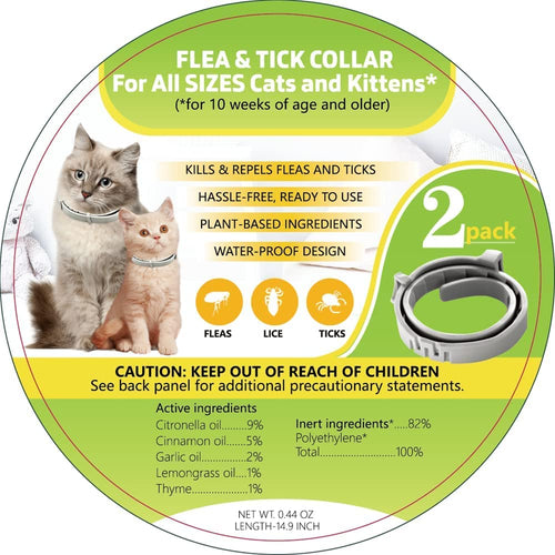 Flea and Tick Collar for Cats, Natural Plant-Based Ingredients for Treatment and Prevention, Safe and Waterproof, with Free Flea Comb, Tick Tweezer, and Treatment Prevention Drops, (2 Collars)